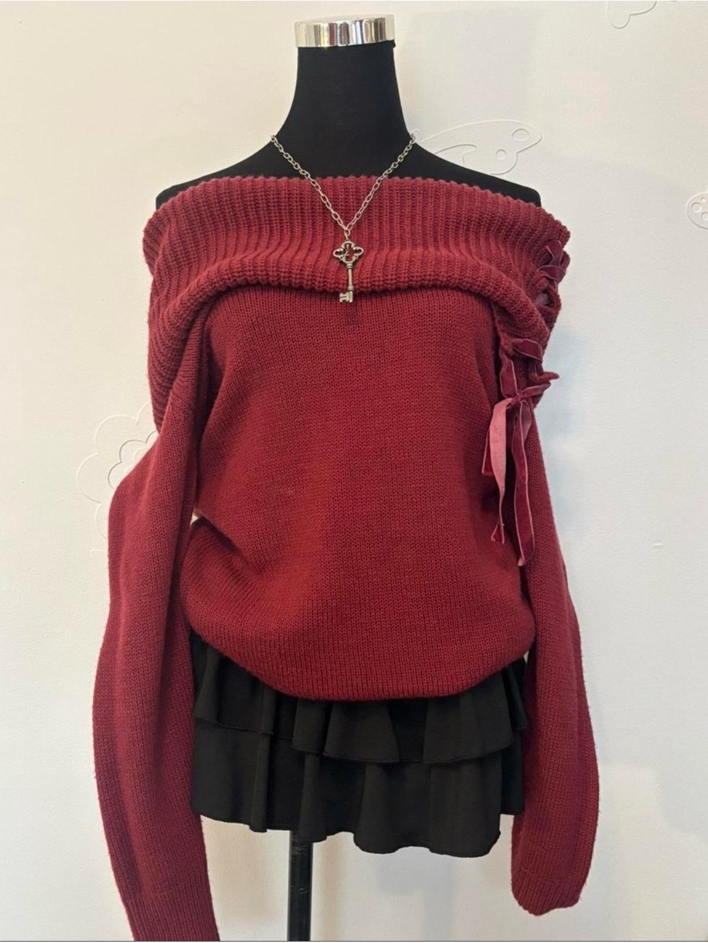 Allegra K Off-Shoulder Burgundy Knit Sweater with Side Ribbon